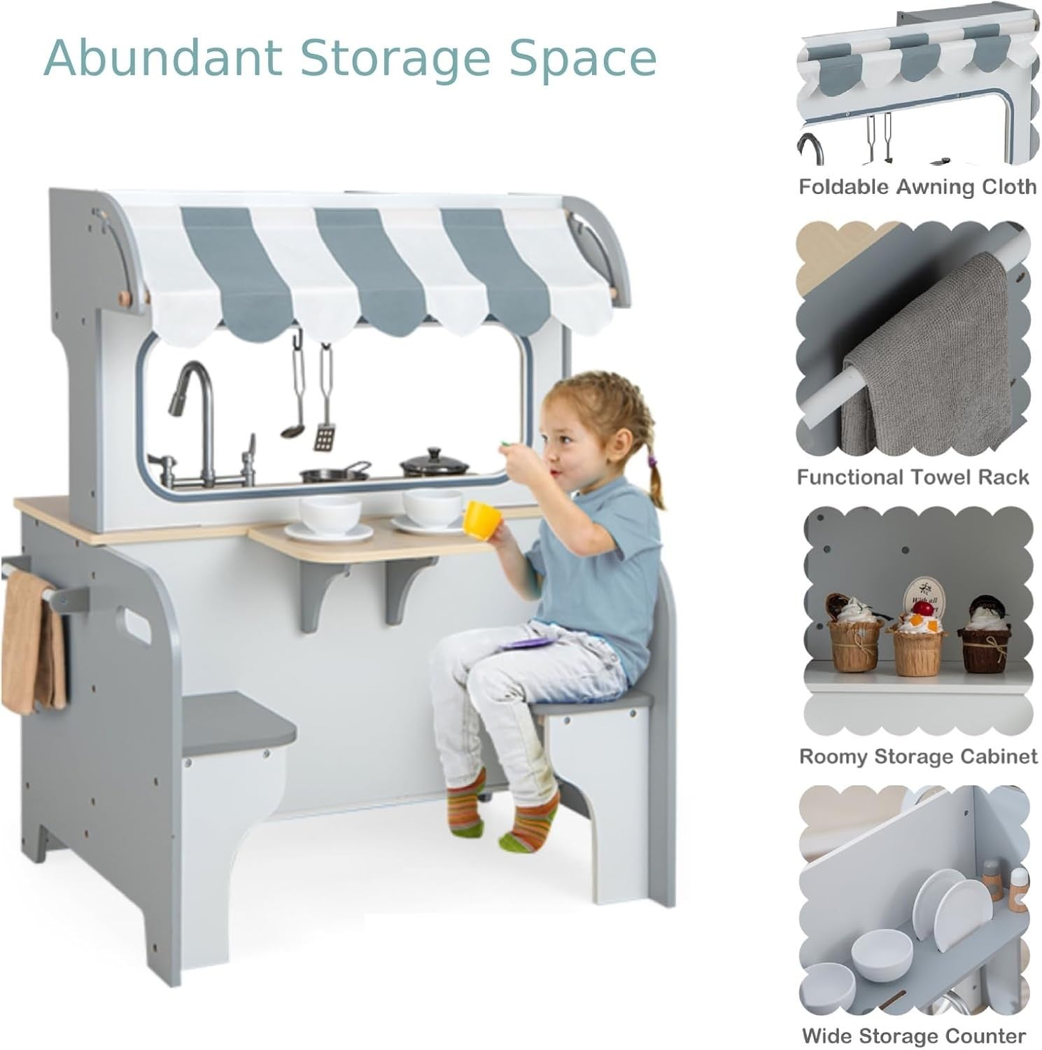 2 Sided Kids Wooden Play Kitchen Diner Set Grey Pretend Toy