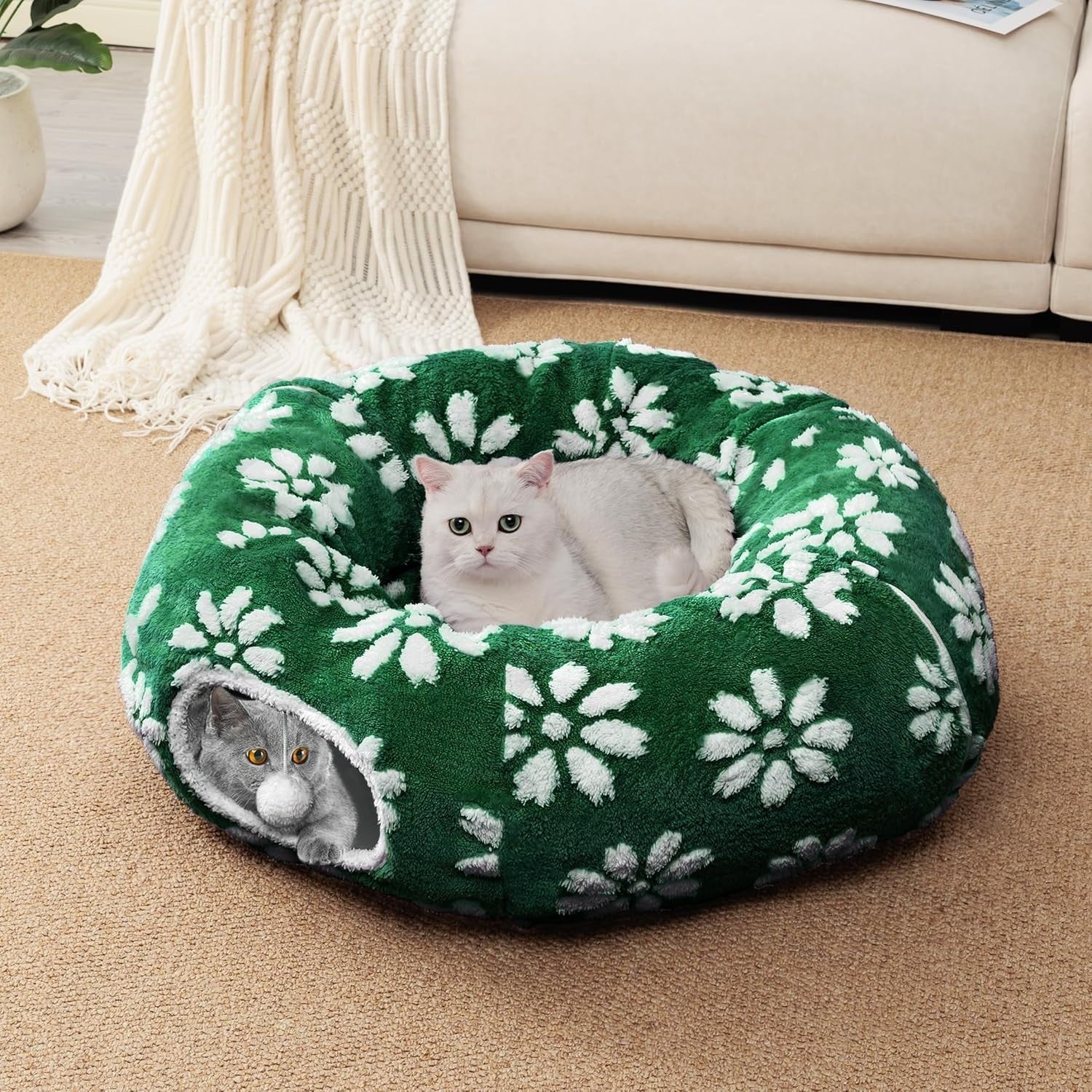 Cat Donut Tunnel Bed Peekaboo Cave w Cushion & Hanging Ball Green