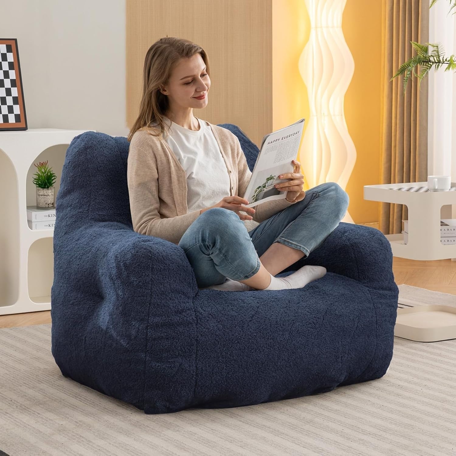 Blue Memory Foam Bean Bag Chair | Large Teddy Sofa Seat for Adults Room