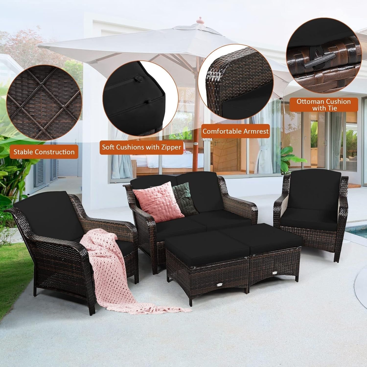 5-Piece Outdoor Patio Rattan Sofa Set - Weatherproof Garden Conversation