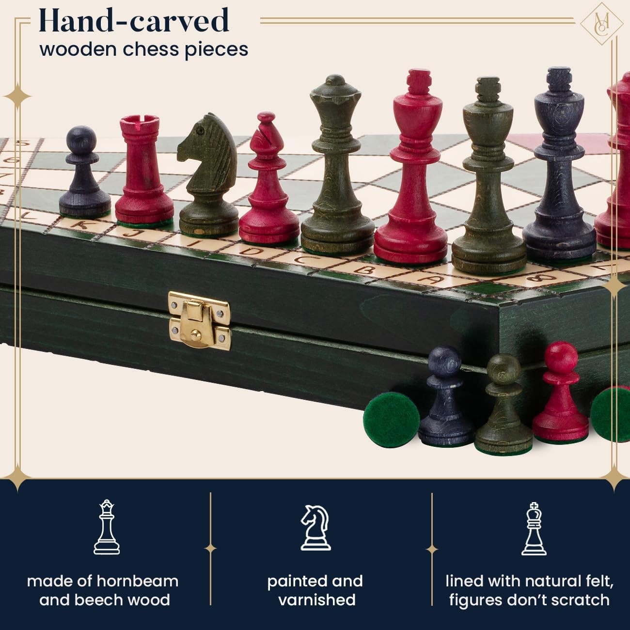 XL 3-Player Wooden Chess Set 54×47cm Hexagonal Board Handcrafted Travel Game
