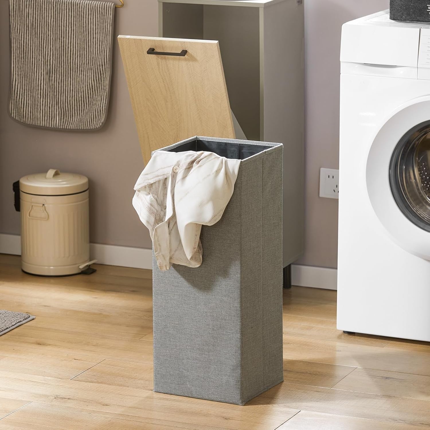 Slim Bathroom Laundry Cabinet with Fold Out Basket Wood Storage Unit Grey