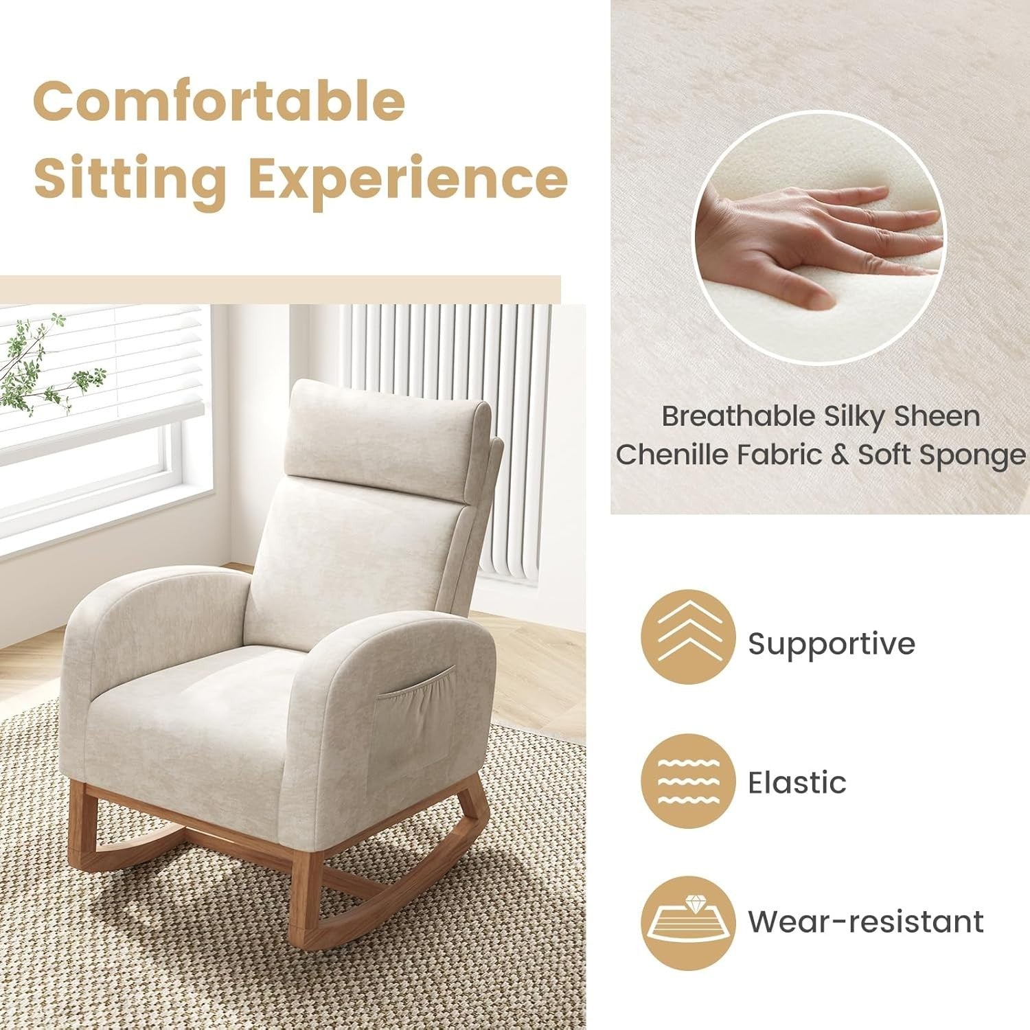 Modern Rocking Armchair w/ Soft Chenille, Side Pocket, Wood Base, 92cm