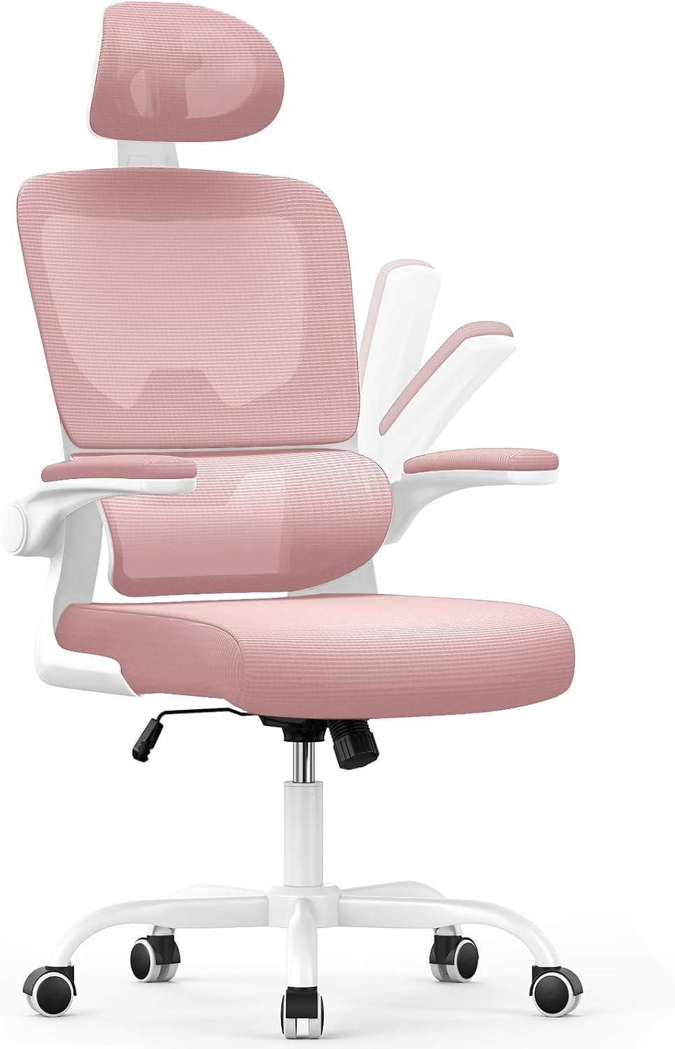 Pink Ergonomic Office Chair Mesh Back Flip-Up Armrests Adjustable Headrest Tall