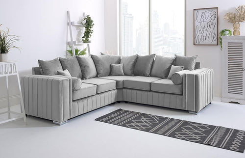 Luxury Silver Velvet Corner Sofa 5 Seater | Scatterback | Foam Cushions