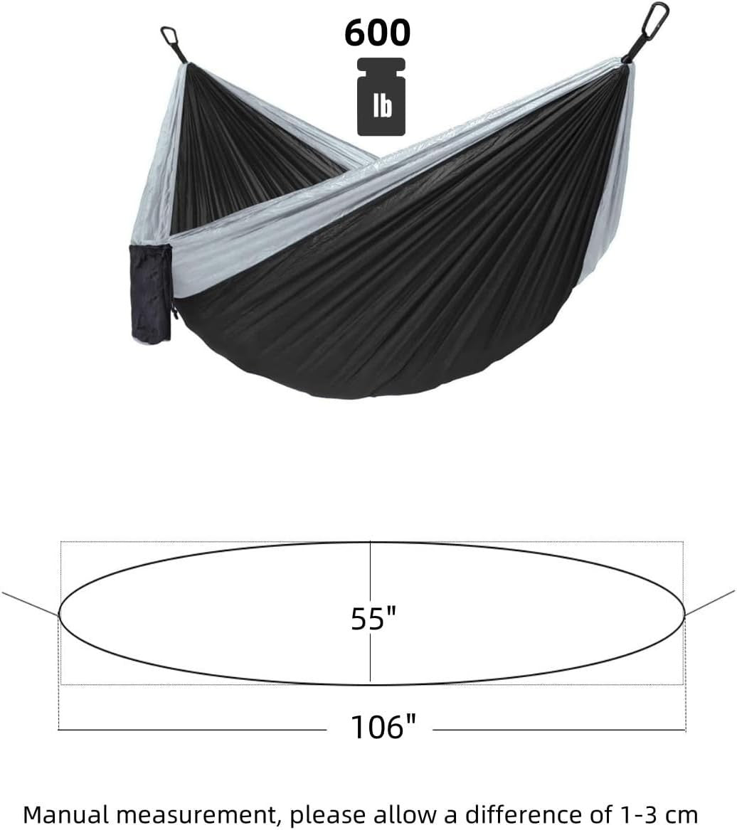 Double Camping Hammock 2-Person 600lb Heavy Duty Portable Outdoor Black & gray