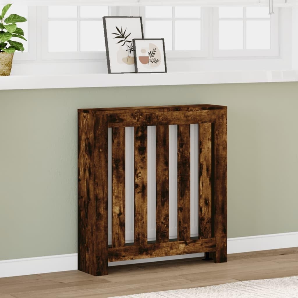Modern Smoked Oak Radiator Cover Shelf | Engineered Wood Slatted Cabinet