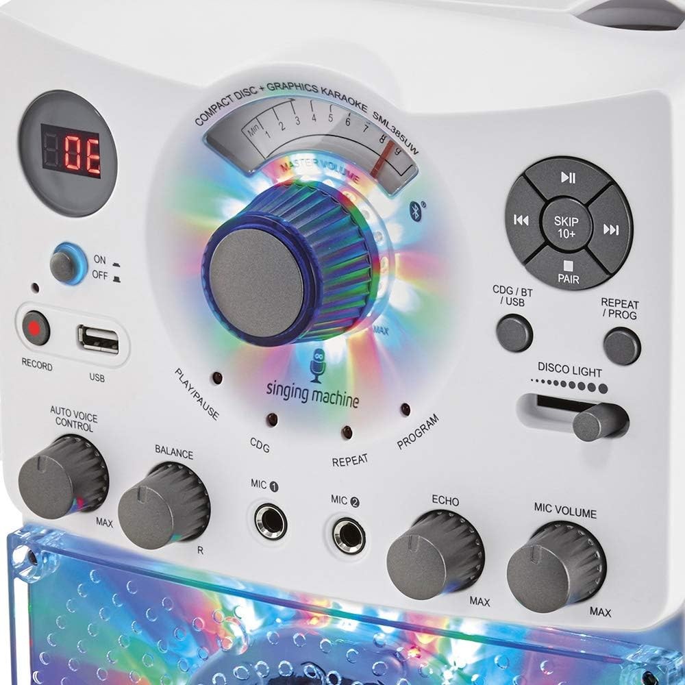 Bluetooth Karaoke Machine CD+G USB LED Lights Mic White