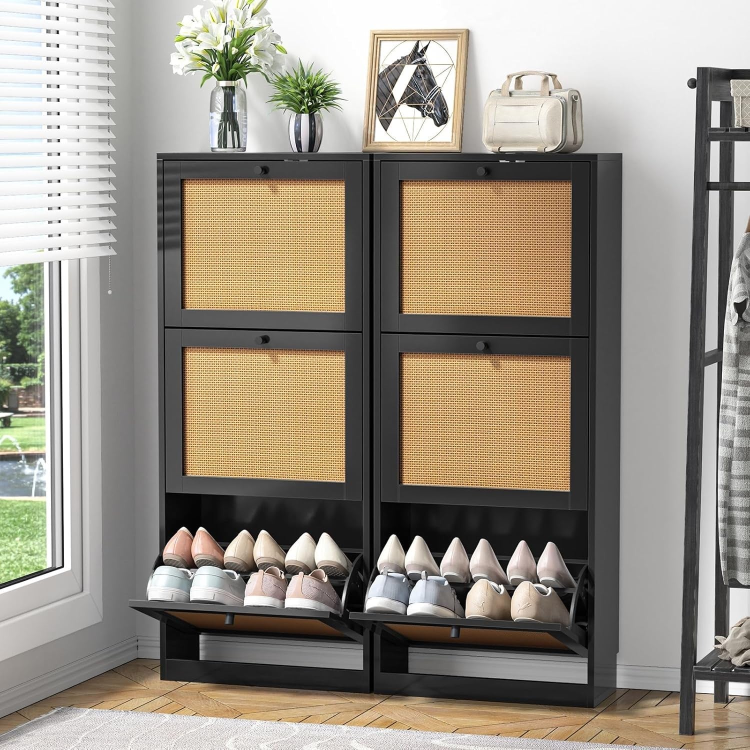 Rattan Shoe Cabinet 3 Flip Drawer Storage Cupboard Adjustable Shelves 51x122cm