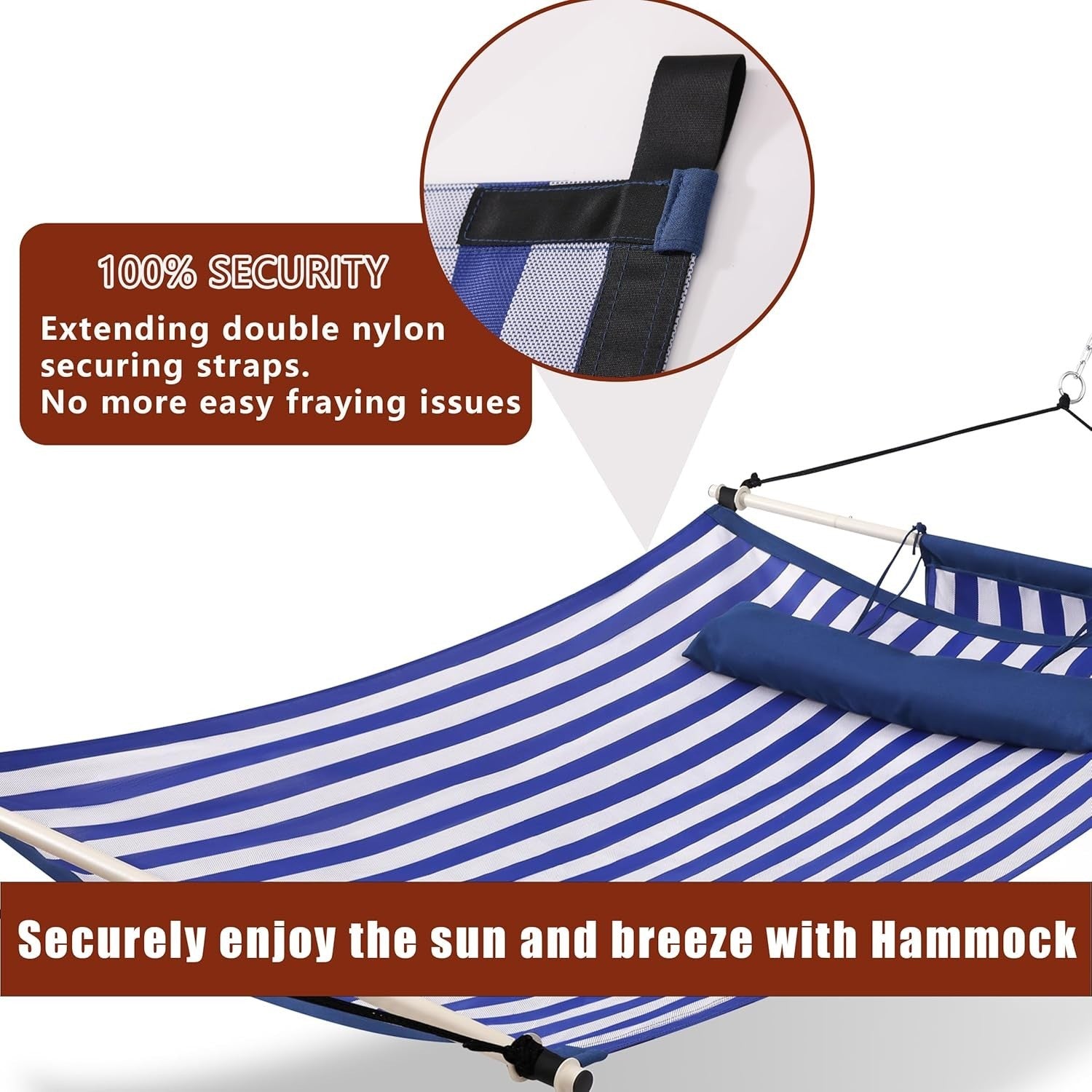 Anti-Flip 12FT Double Hammock 450LB Load with Iron Bars & Nylon Rope