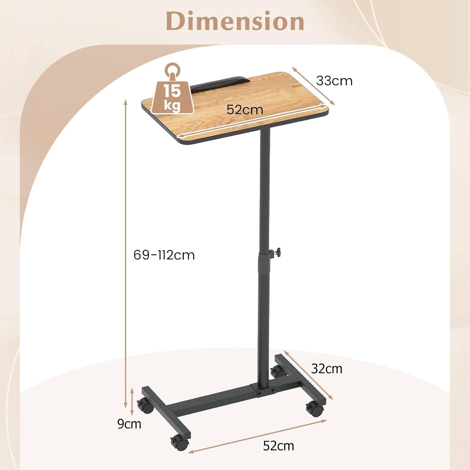 Adjustable Overbed Table Laptop Desk C Shaped Rolling Bedside Stand Brown