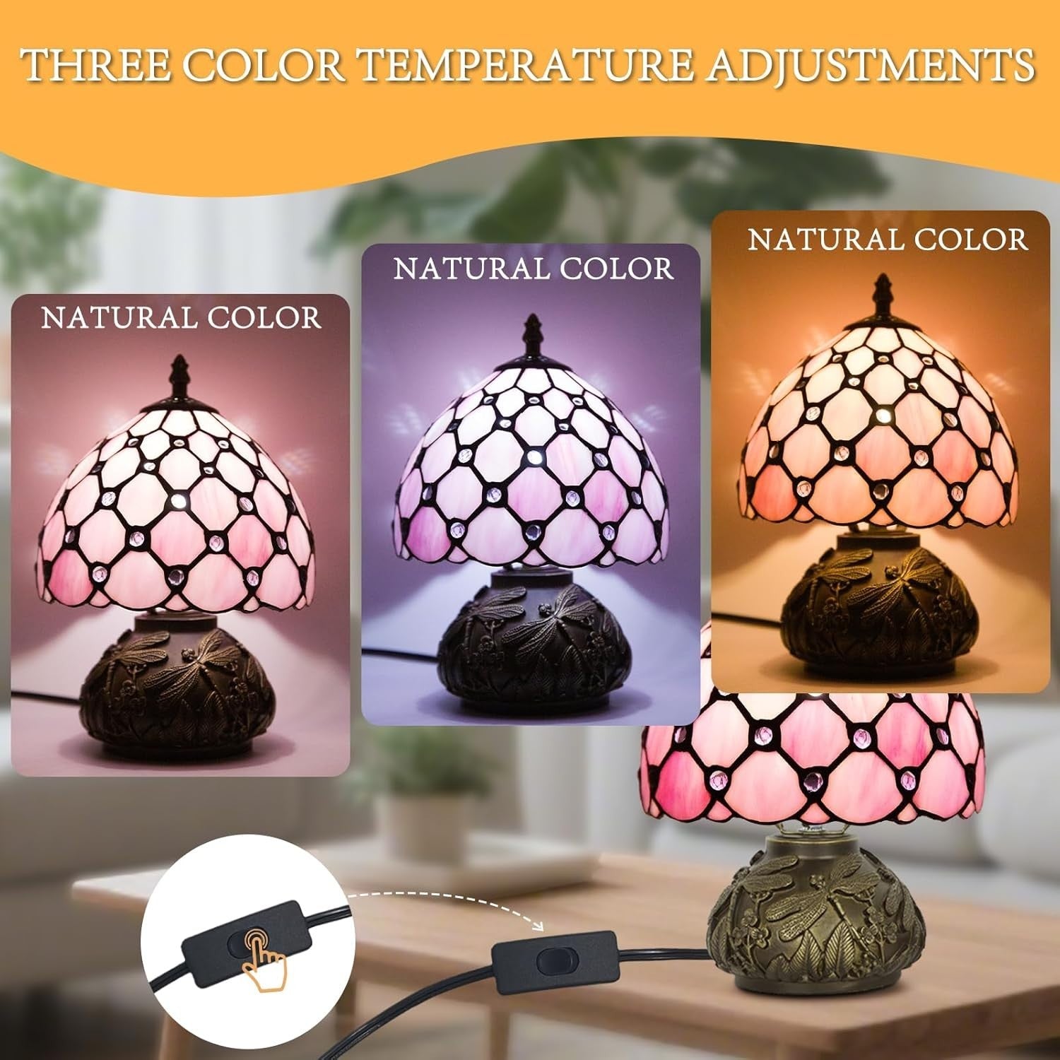 Stained Glass Desk Lamp 8x8x11in Pink Pearl 3 Color Temps Bedroom Light