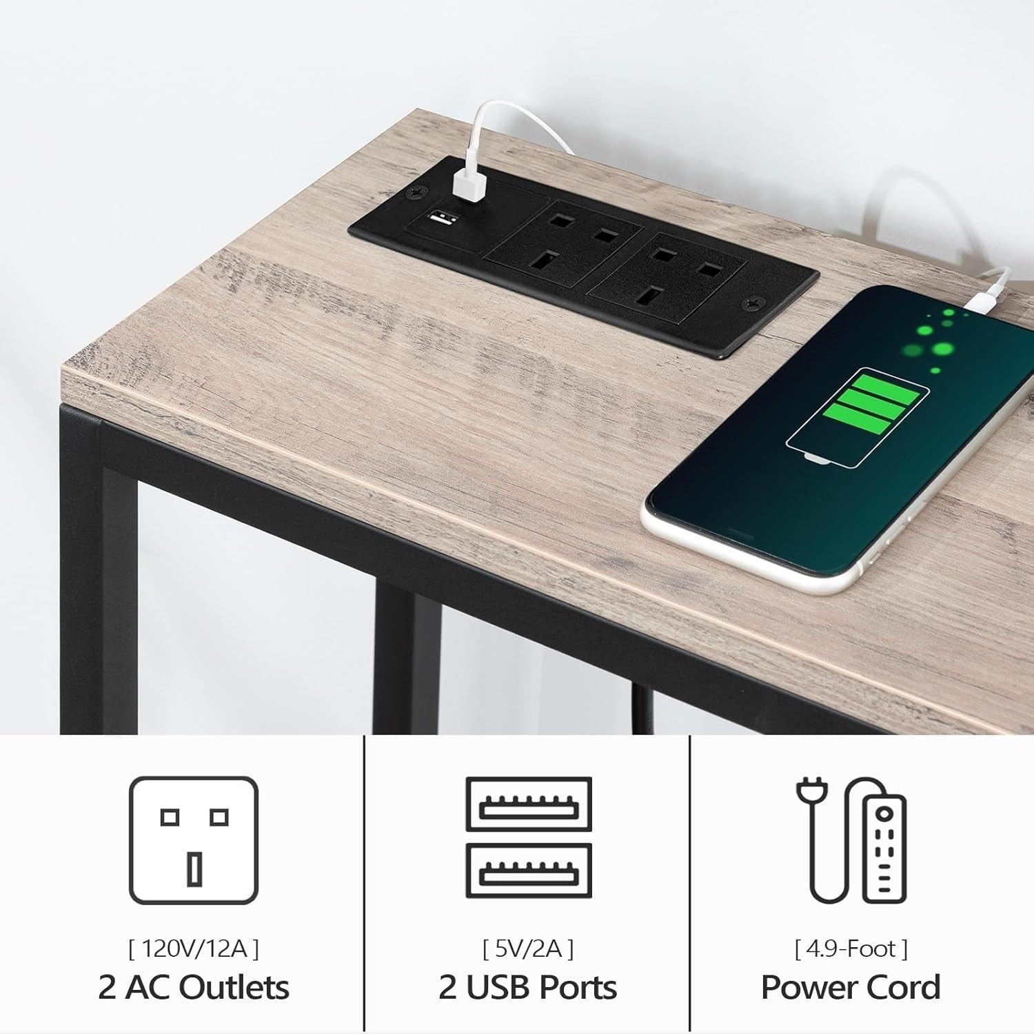 Power Strip Sofa Table 180cm Narrow Console with USB Ports & Rotatable Top