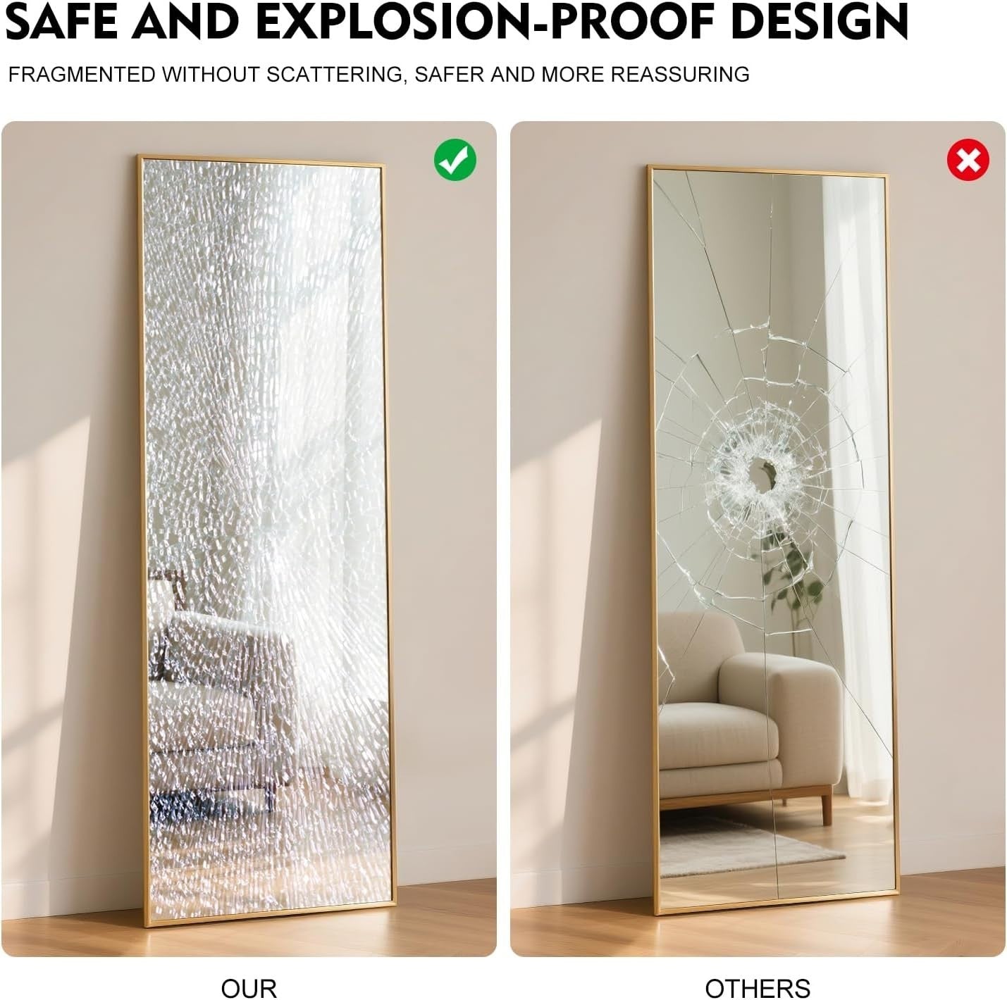 Gold Full Length Mirror 152x42cm Wall or Floor Standing, Shatterproof