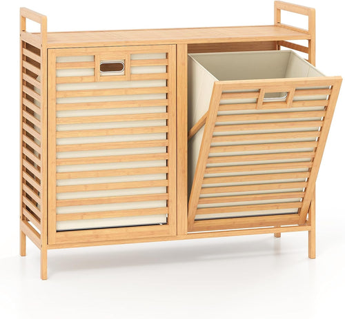 75L Bamboo Laundry Hamper Tilt-Out 2 Bin Storage Unit with Shelf Natural Wood
