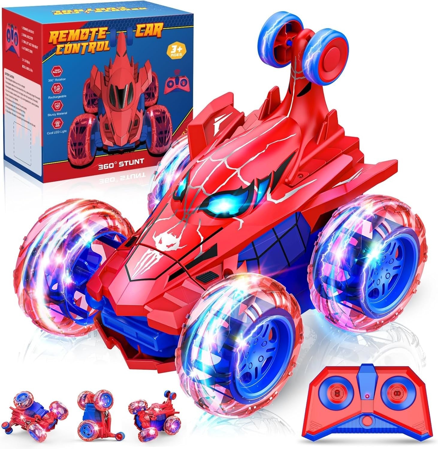 Monster Truck RC Car for Kids 3-10, LED Light Remote Control Toy Gift