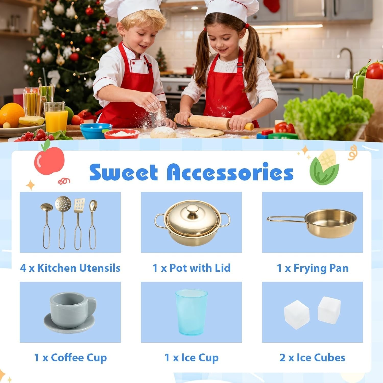 Wooden Kids Play Kitchen Blue w/ Coffee Station Ice Dispenser Set