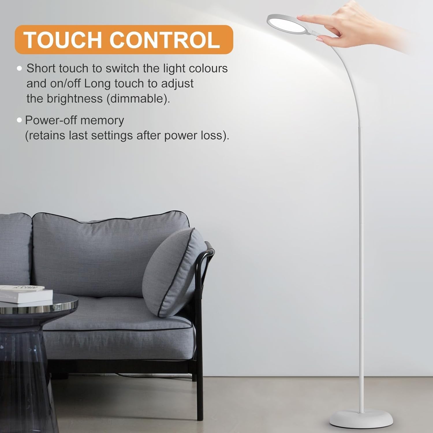 LED Floor Lamp Touch Dimmable White Standing Light 3 Colour Memory Modern