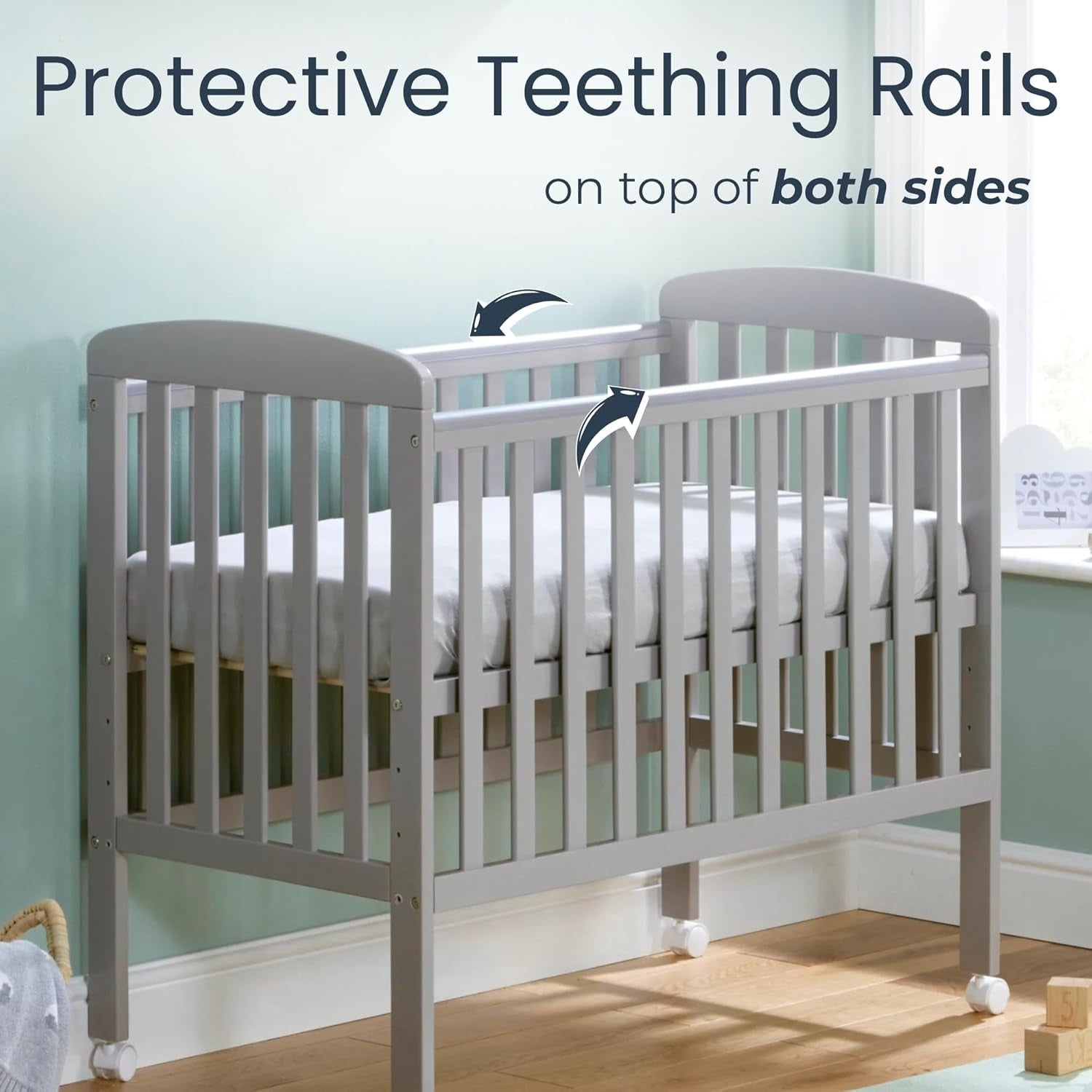 Space Saver Baby Cot Bed Adjustable Height with Wheels White Compact Crib Grey