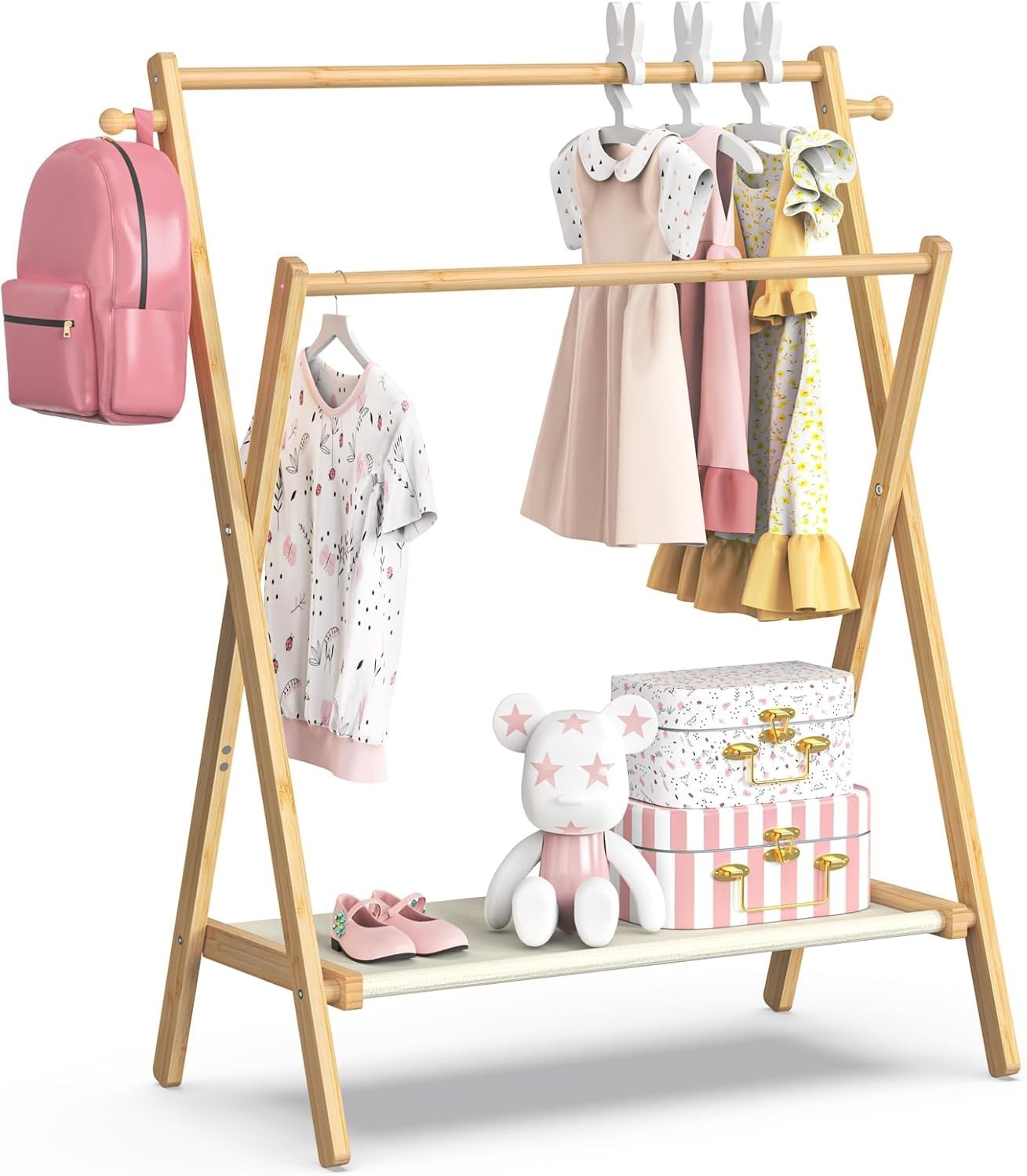 Bamboo Kids Clothing Rack Regular Size Foldable Dress Up Rail with Shelf