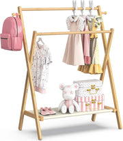 Bamboo Kids Clothing Rack Regular Size Foldable Dress Up Rail with Shelf