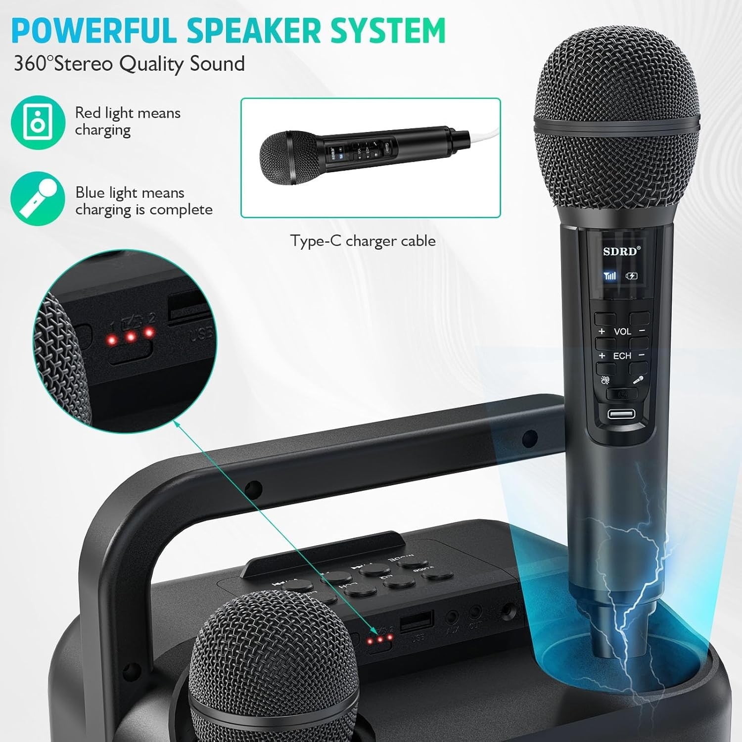 Portable Karaoke Machine 2 Wireless Mics Bluetooth LED PA Speaker
