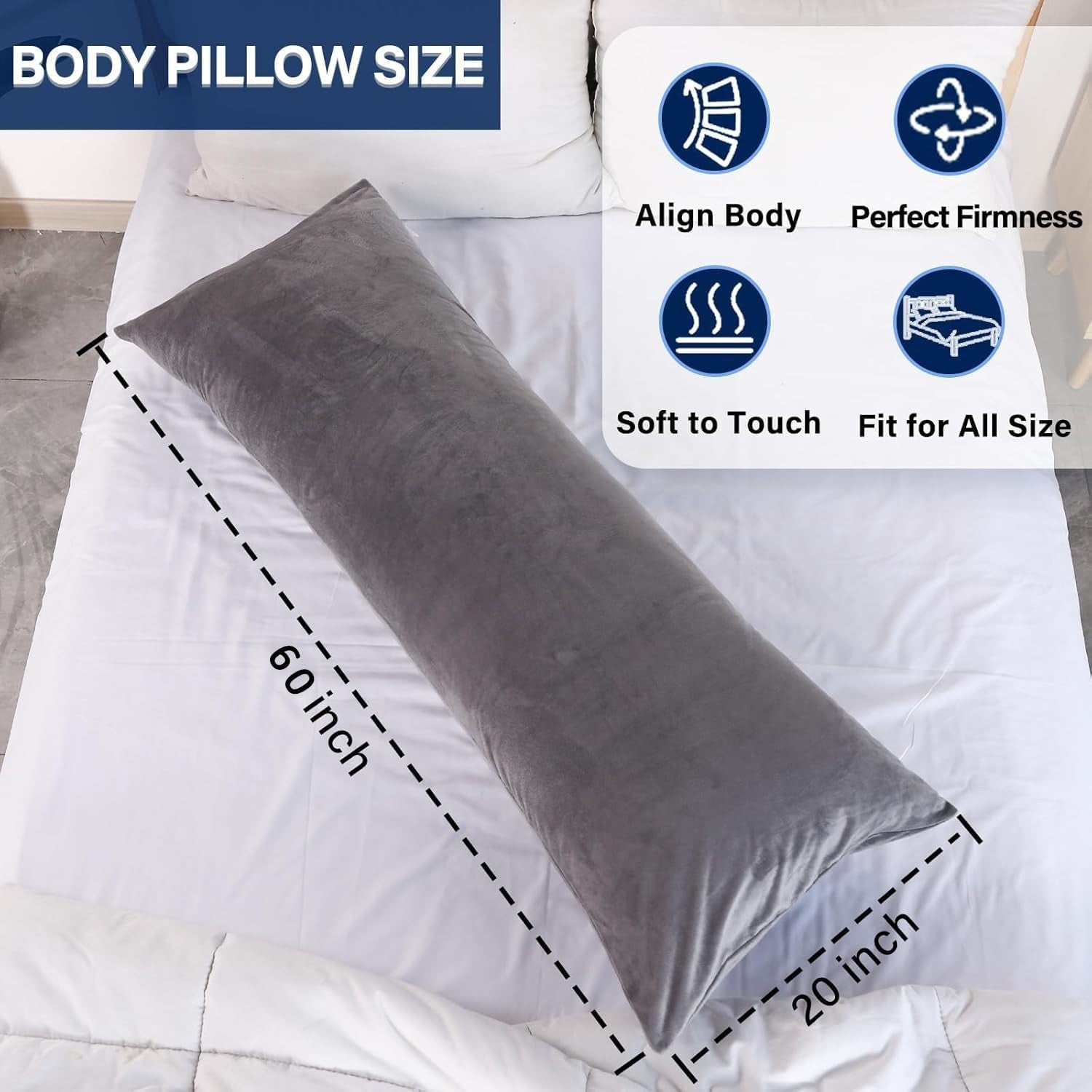 Memory Foam Body Pillow 20x60 Firm Support for Side Sleepers Grey