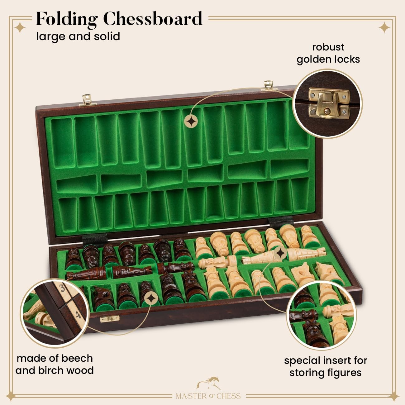 Luxury 20" Wooden Chess Set Foldable Board with Hand Carved Weighted Pieces