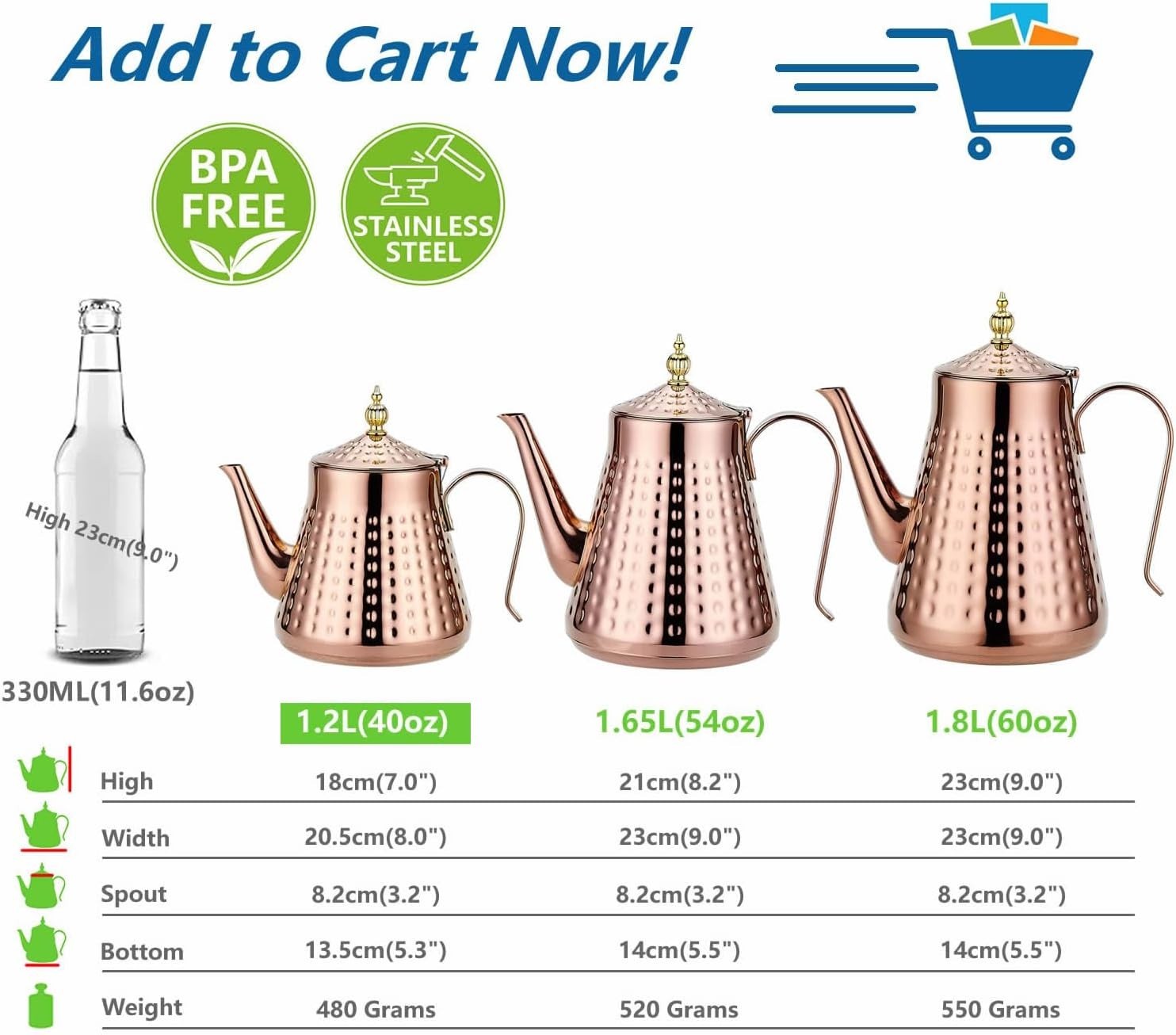 Copper Stainless Steel Teapot 40oz 1.2L w/ Infuser Hammered Finish