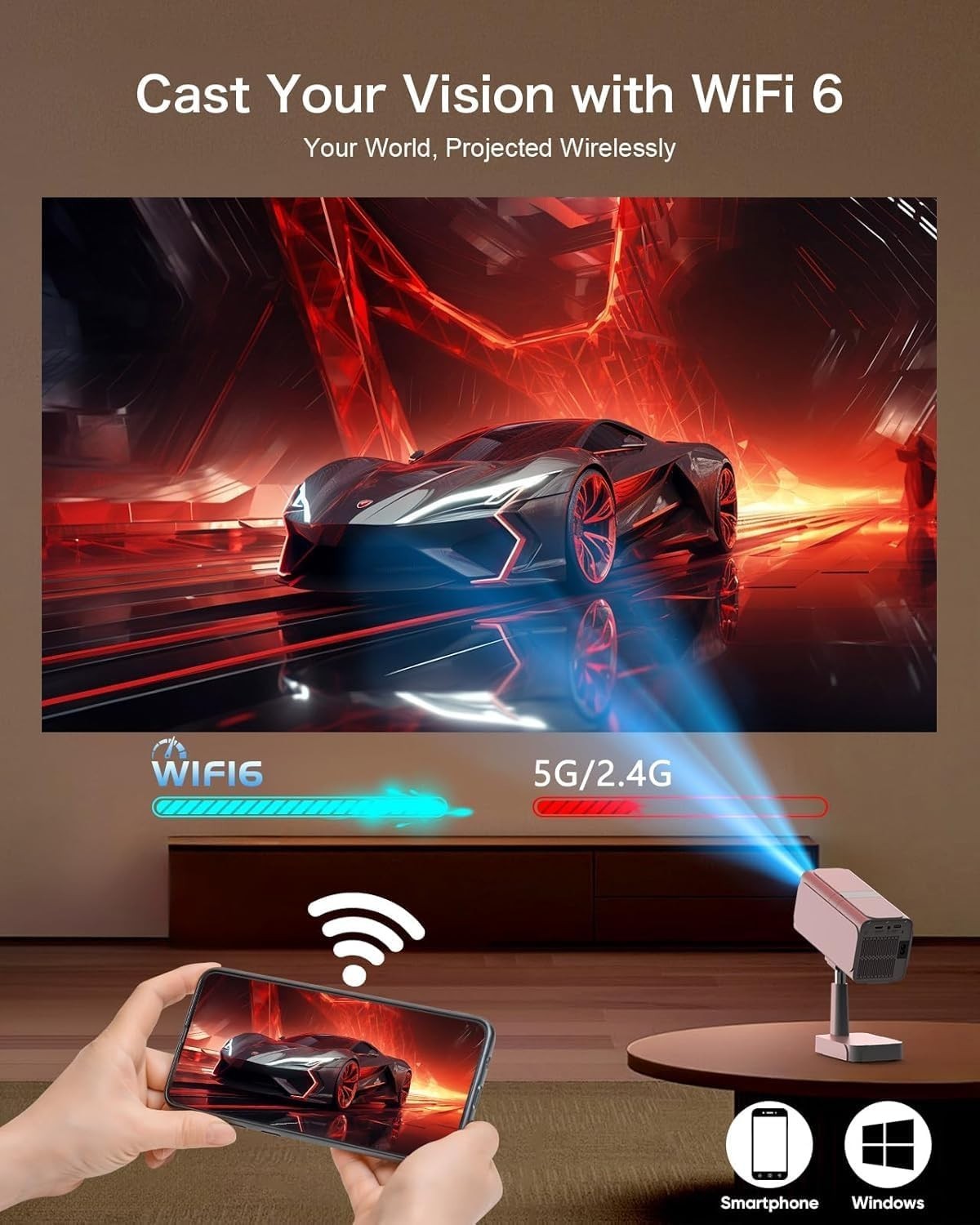 Android TV WiFi6 Mini Projector 180° Stand Auto Keystone Gaming