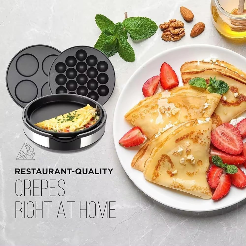 3-in-1 Crepe Maker Griddle | Nonstick Hot Plate with Temp Control + 2 Plates