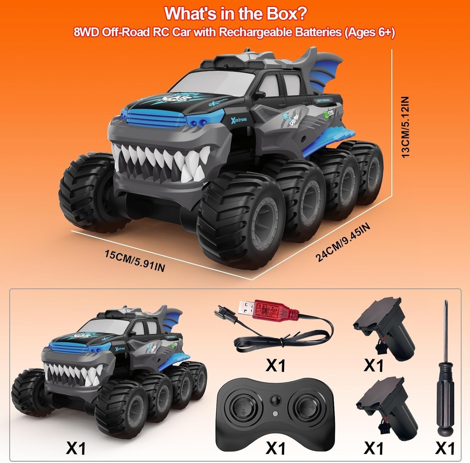 8WD Amphibious RC Monster Truck – Waterproof Off-Road Car w/ 2 Batteries, Blue