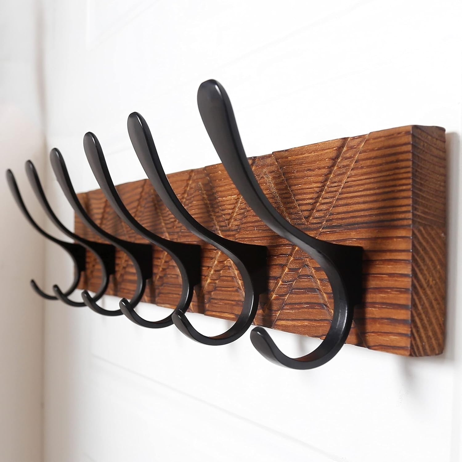 Antique Wall Coat Rack Set | 2x 6 Hook Wooden Hanger Racks Brown & Black