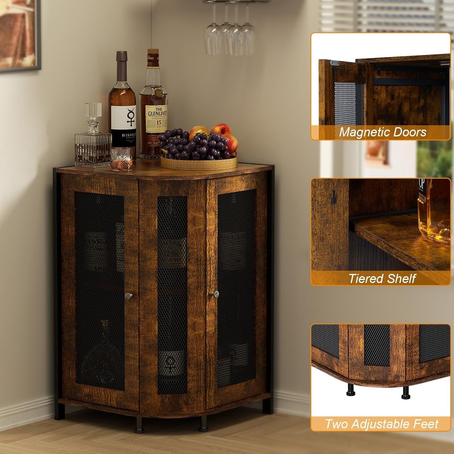 Industrial Corner Wine Cabinet with Storage Shelves, 3-Tier Bar Unit, Rustic