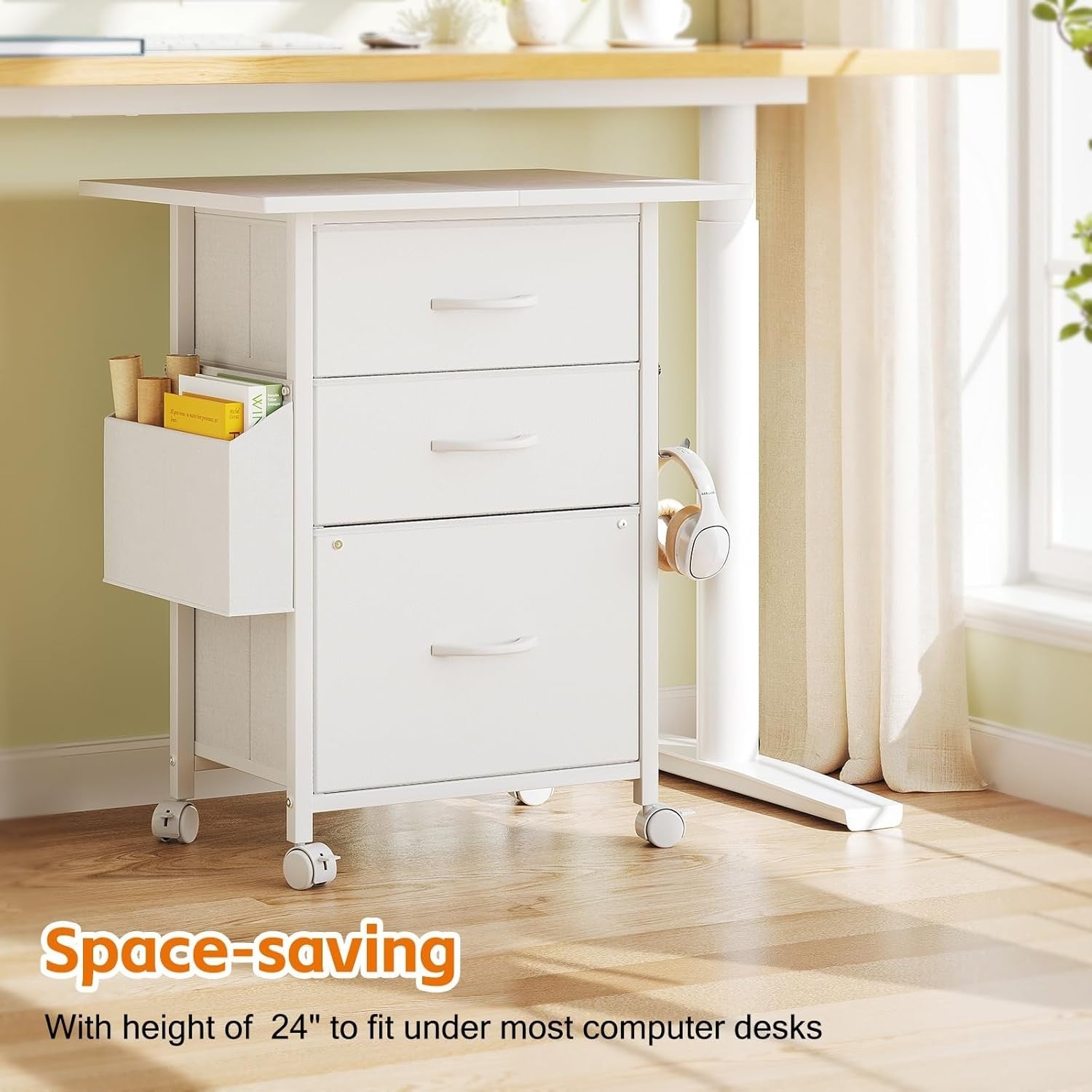 White Mobile File Cabinet 3 Fabric Drawer Rolling Printer Stand