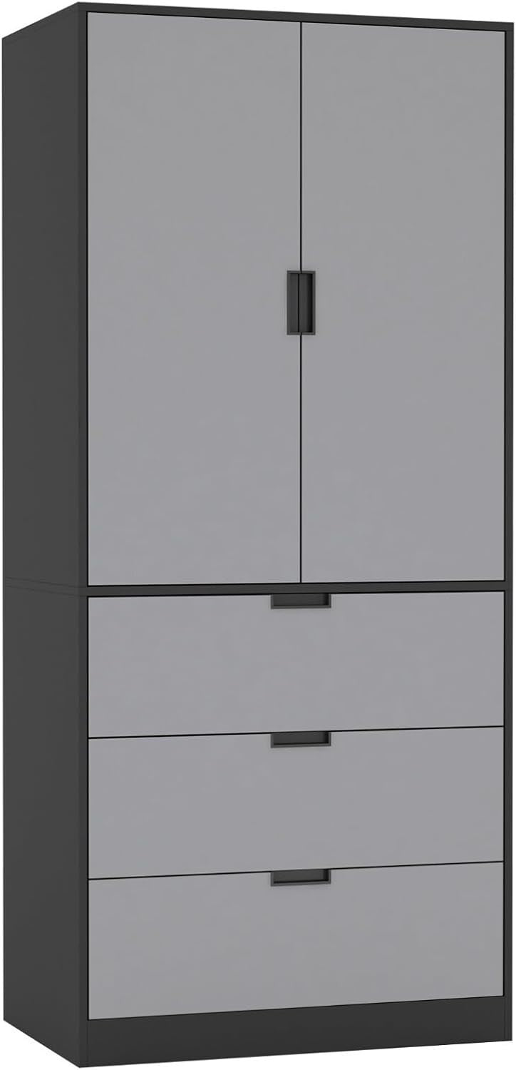 Grey 2 Door Wardrobe with Drawers & Hanging Rail Modern Storage Unit