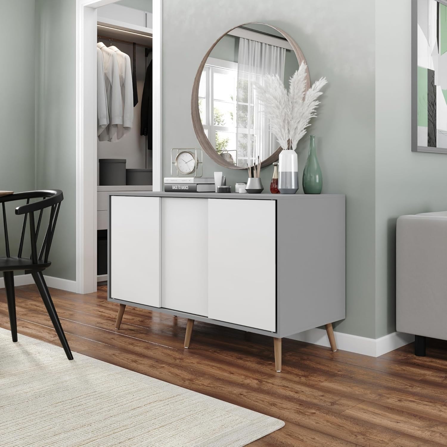 Modern Sideboard Cabinet 3 Door Sliding Storage Unit Grey White Pine