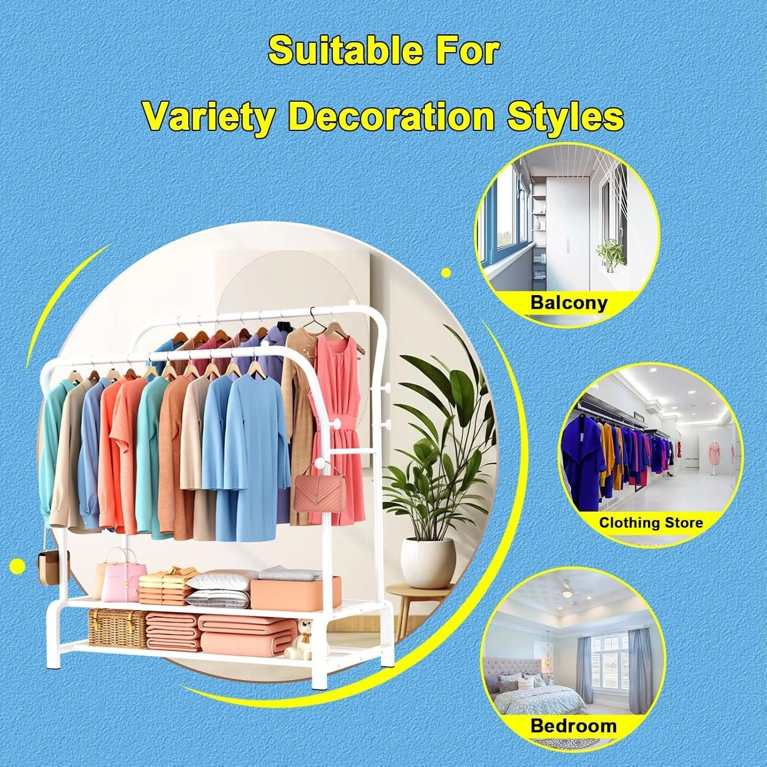 Heavy Duty Double Clothes Rail with Shelf & Hooks – White