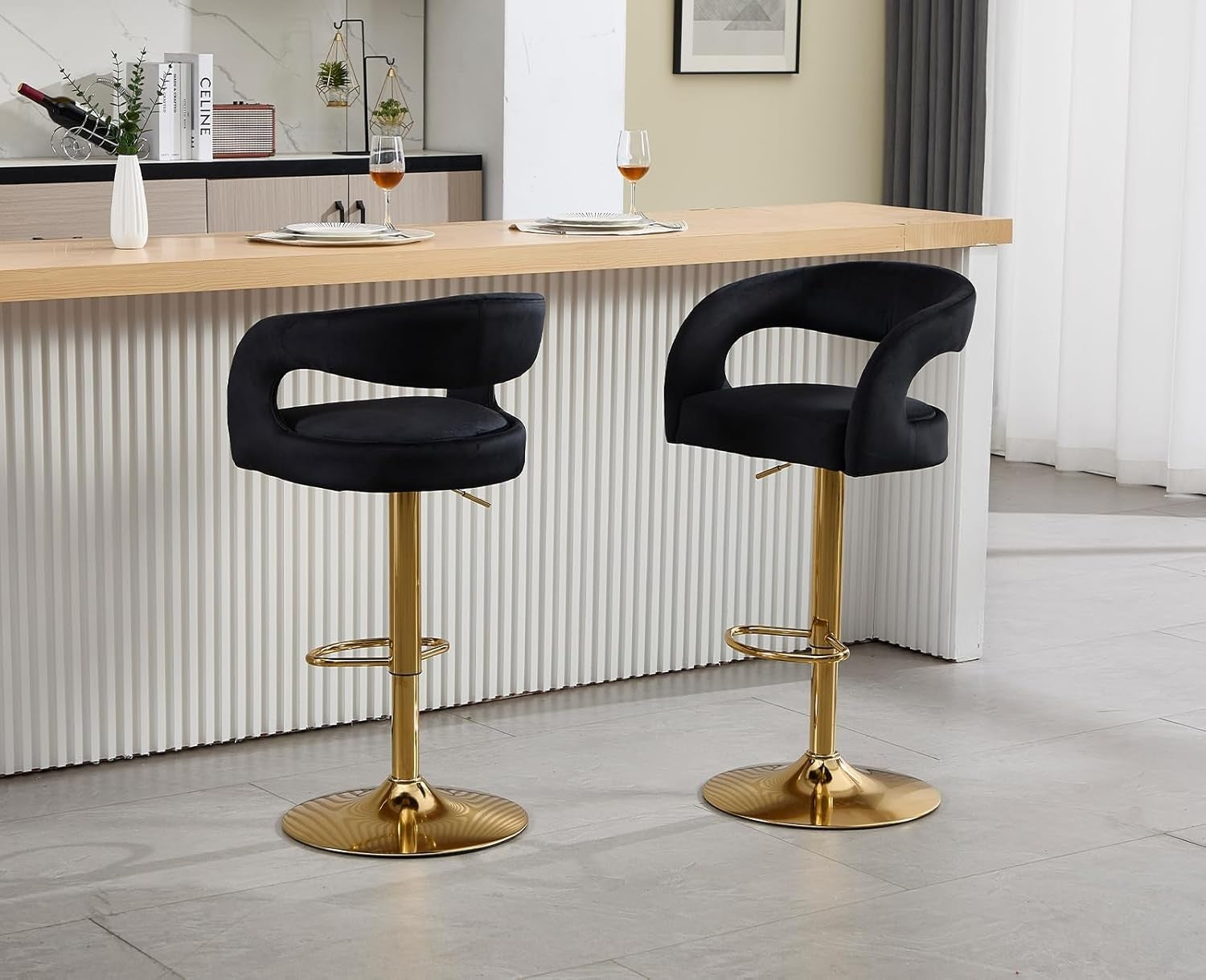 Adjustable Black Velvet Bar Stools Set of 2 Swivel Kitchen Counter