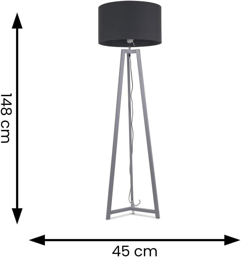 Grey Wooden Tripod Floor Lamp Charcoal Fabric Drum Shade LED Light