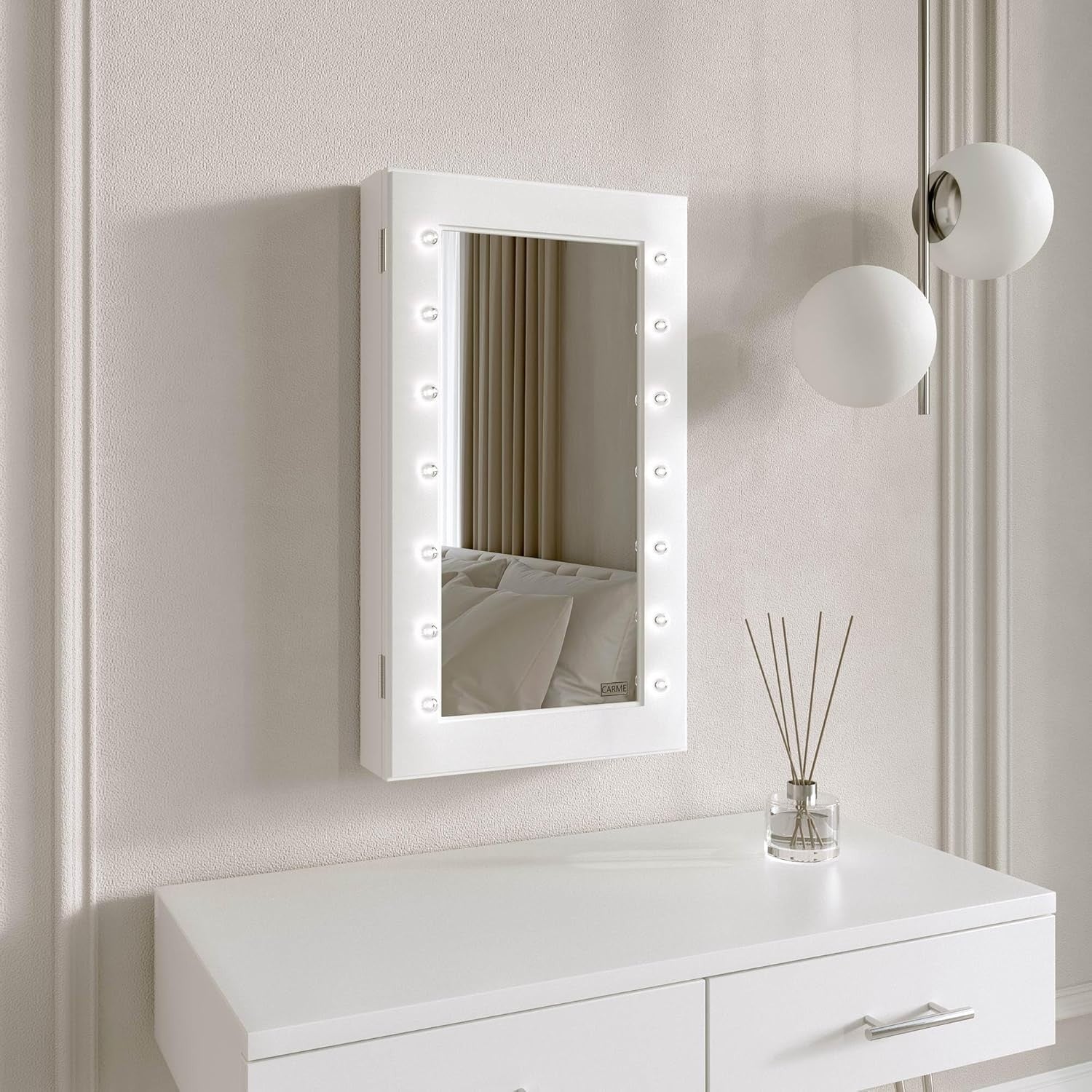 White LED Jewellery Cabinet Mirror Wall Mounted Tabletop Storage