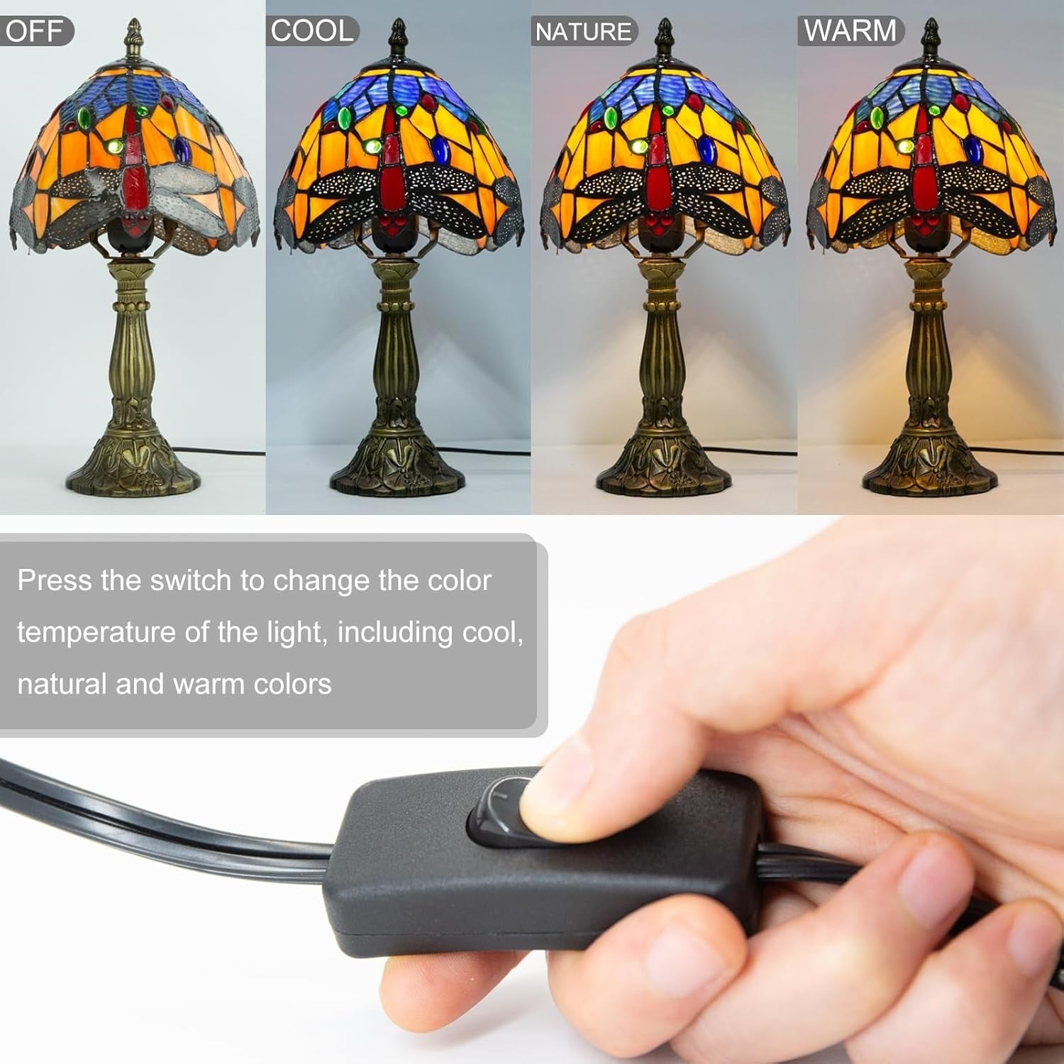 Orange Blue Dragonfly Tiffany Lamp, Dimmable LED, Vintage Resin Base