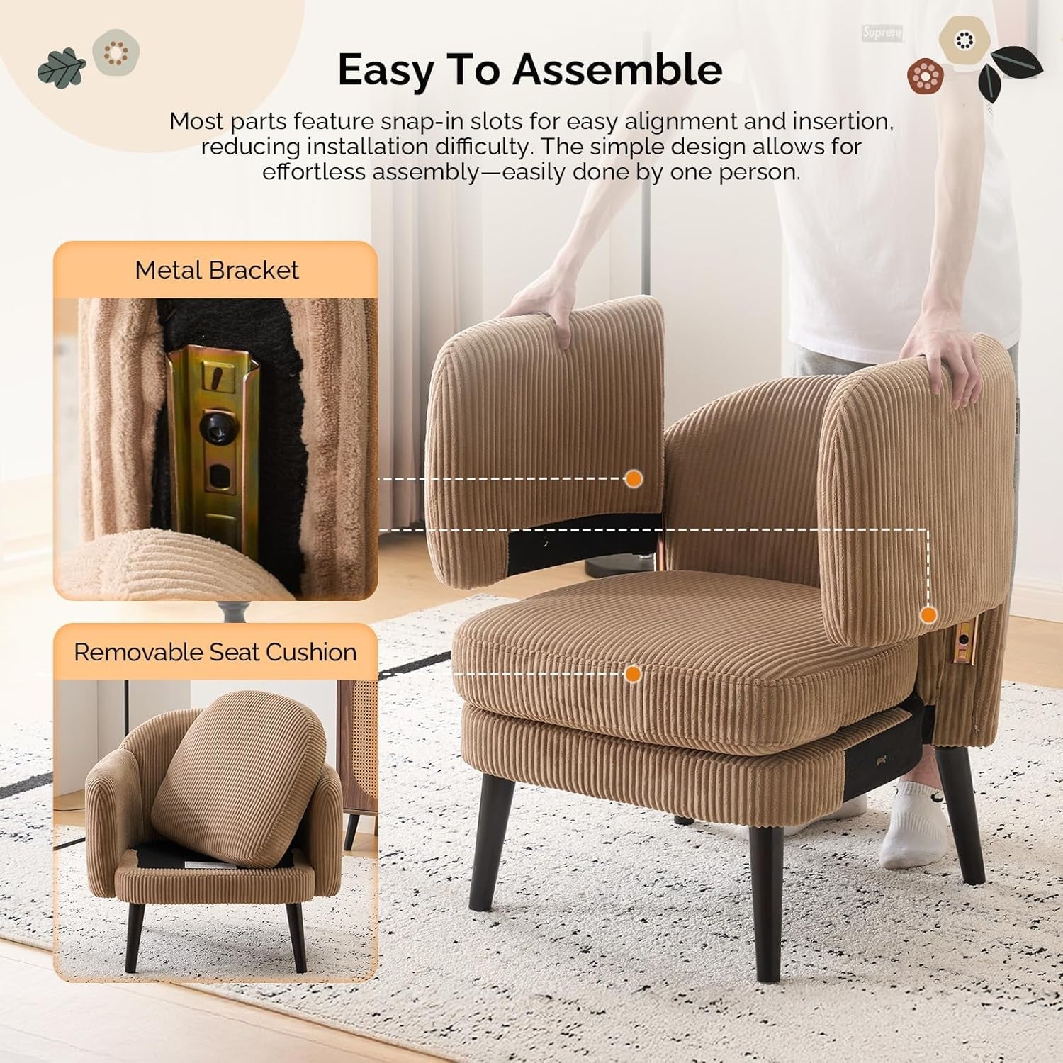 Modern Corduroy Accent Armchair Wide Track Arms Wood Legs Khaki