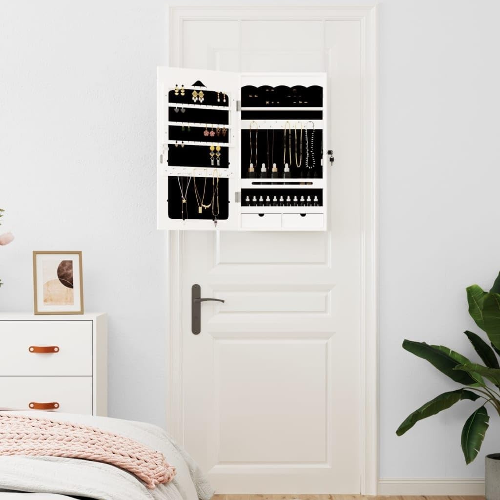Wall Mounted Jewelry Cabinet Mirror Lockable Slim Storage Organizer White