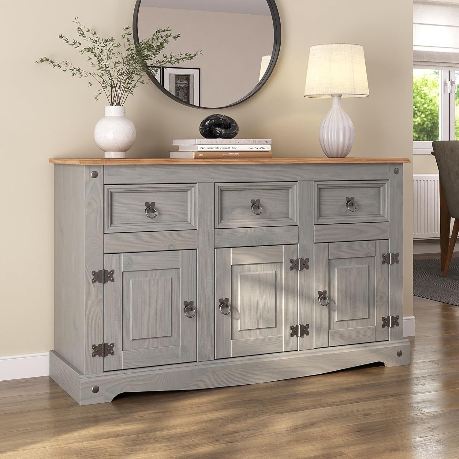 Grey Solid Pine Sideboard Cabinet 3 Door 3 Drawer Large Storage Unit