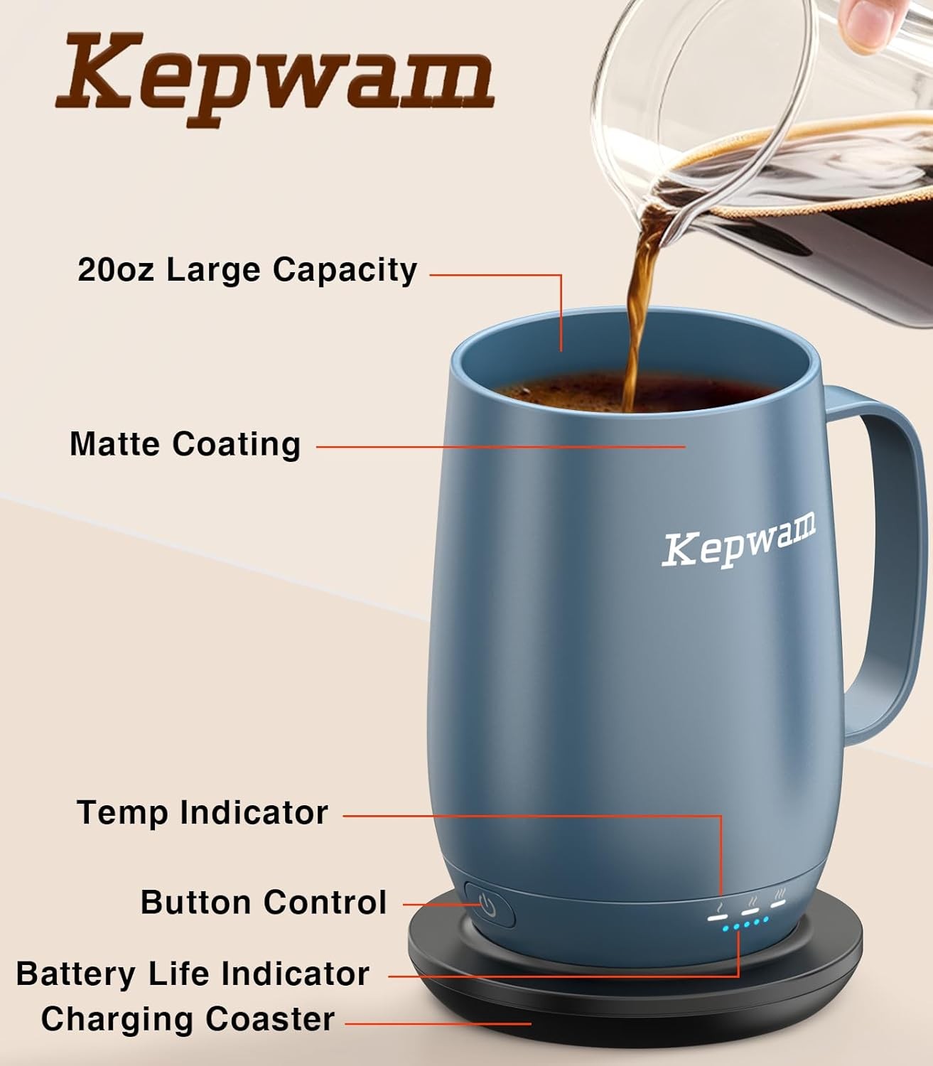 Self Heating Coffee Mug 20oz Smart Temp Control 8H Battery Blue