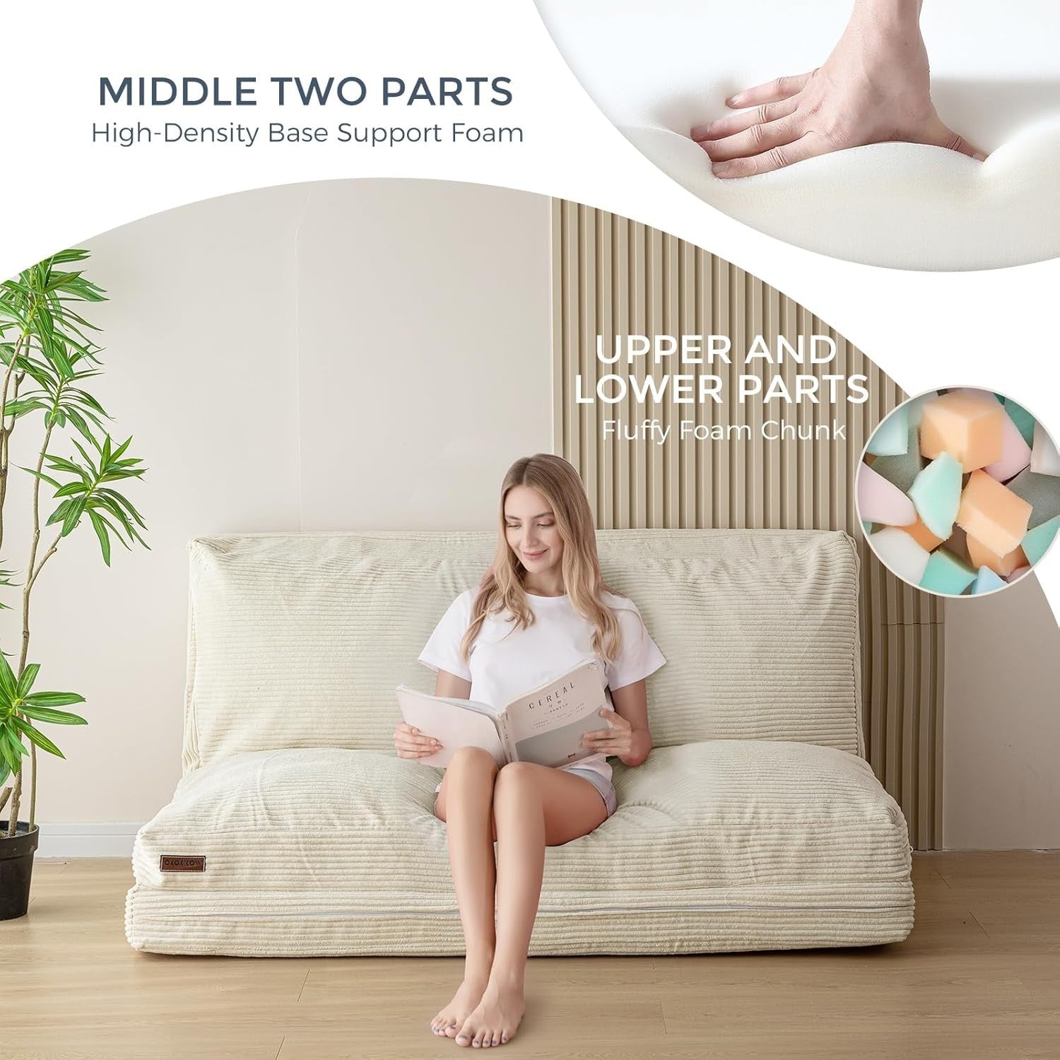Beige Corduroy Folding Floor Sofa Bed Chair 4 Fold Mattress Lounger 75x240