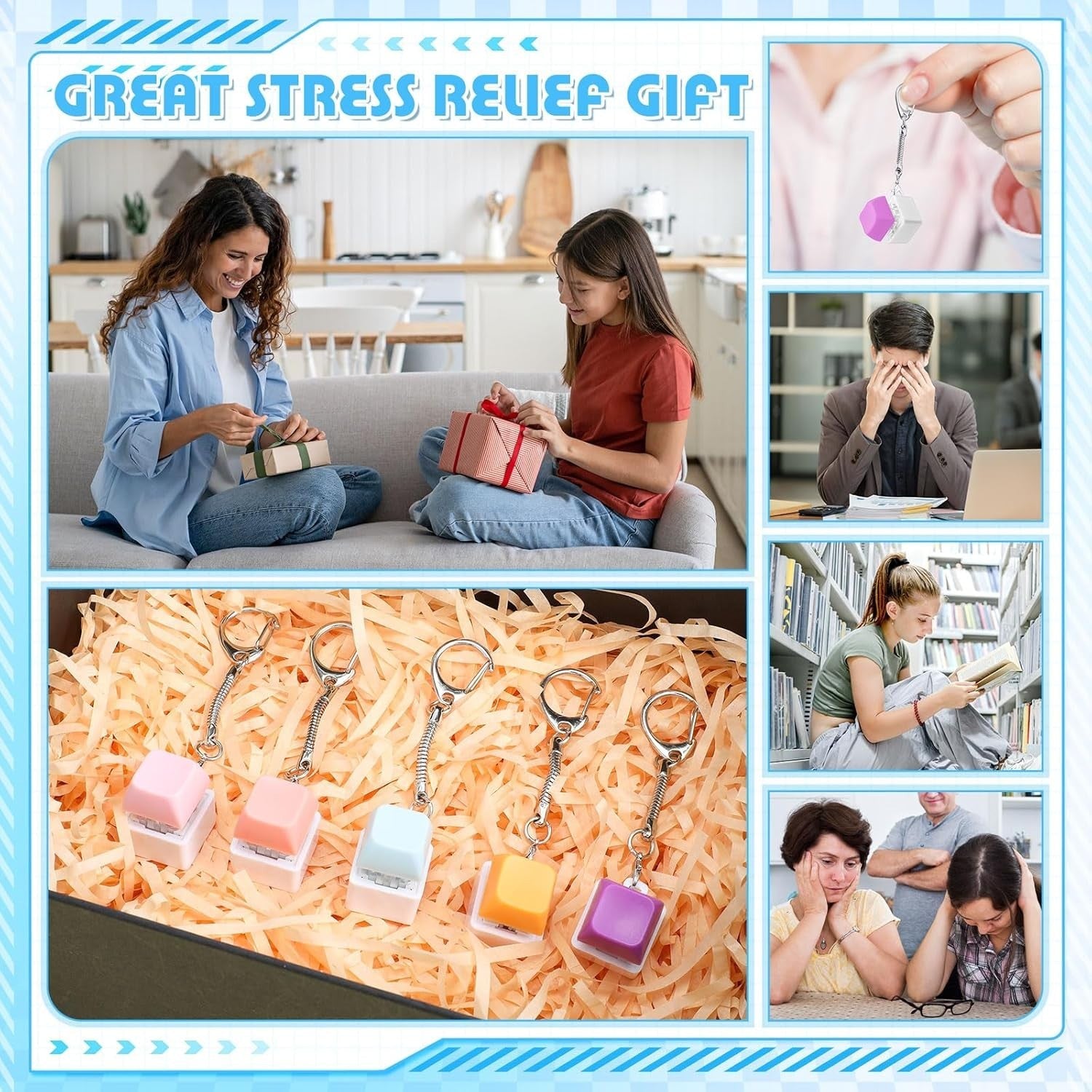 24pcs Keyboard Clicker Fidget Keychain Mechanical Stress Relief Toy