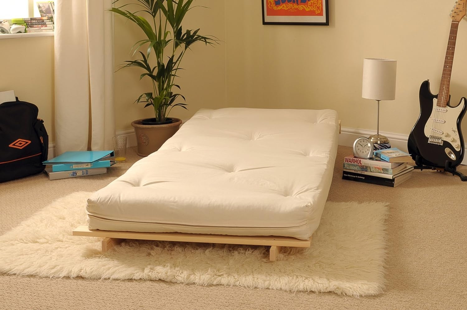Small Single Wooden Futon Sofa Bed 2ft6 Cream Tufted Luxury Mattress