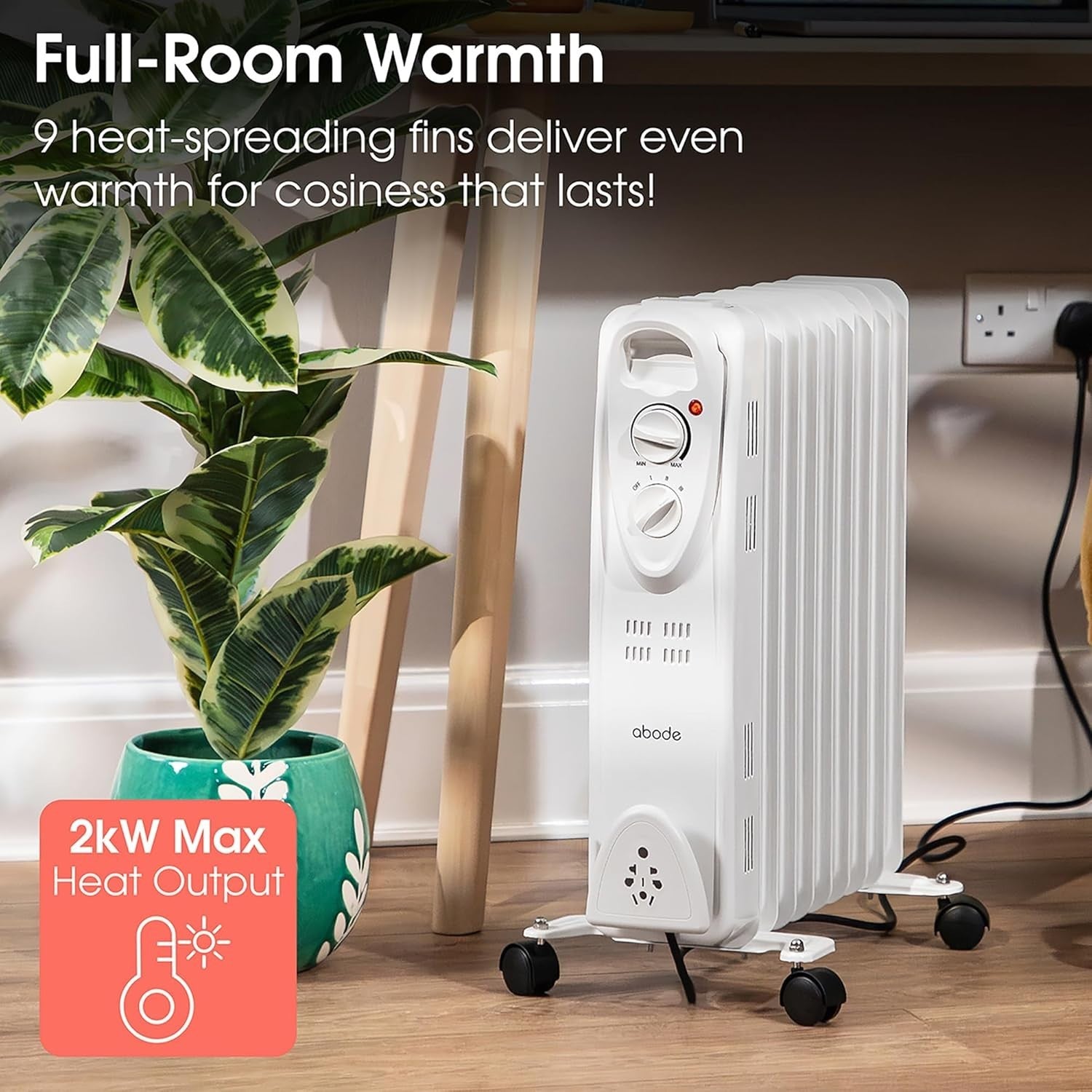 2000W Oil Filled Radiator Heater 9 Fin Portable Electric Thermostat